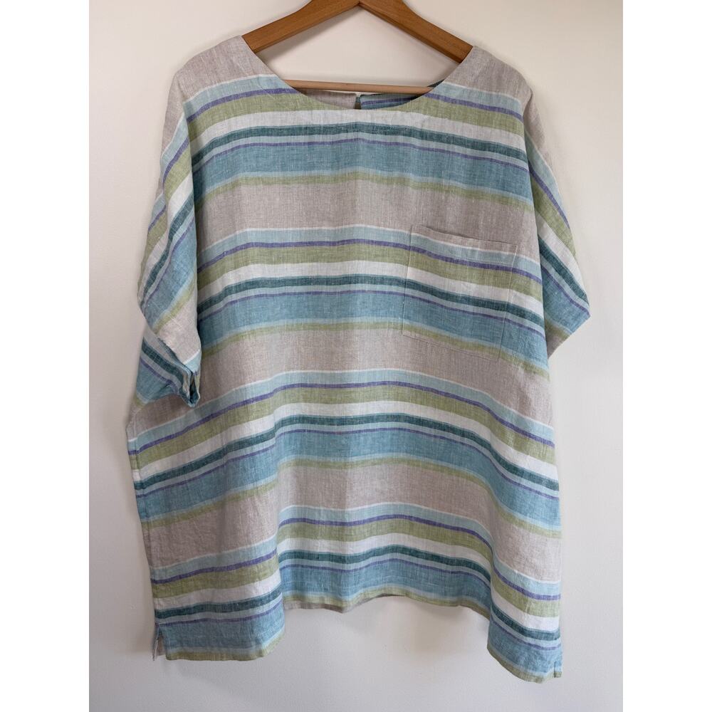 Coldwater Creek Linen Striped Boxy Tunic Blouse Top Blue Green 2X Coastal Beachy
